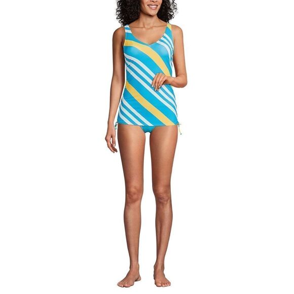 Land's End Tankini Adjustable sides straps underwire Turquoise Awning Stripe 14 - Picture 1 of 6